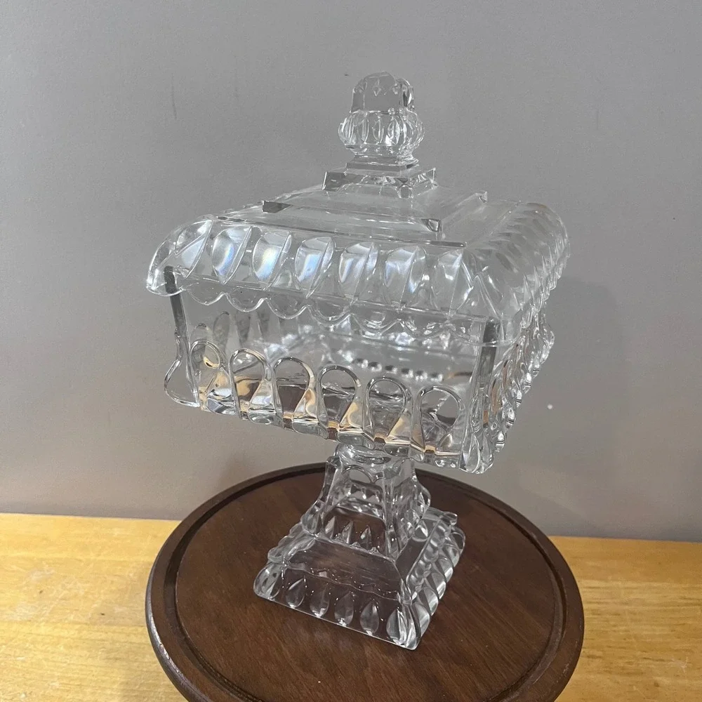 Vtg Adams & Co 1890s EAPG Crystal Wedding Box Victorian Clear Glass Lid Pedestal